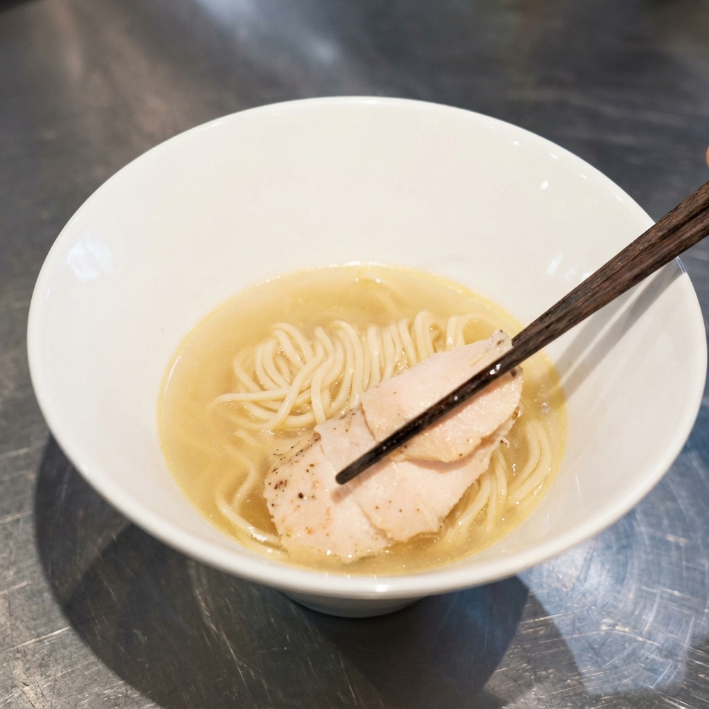 Chopsticks placing a slice of tender chicken breast onto a neatly arranged bed of ramen noodles in a bowl of broth.