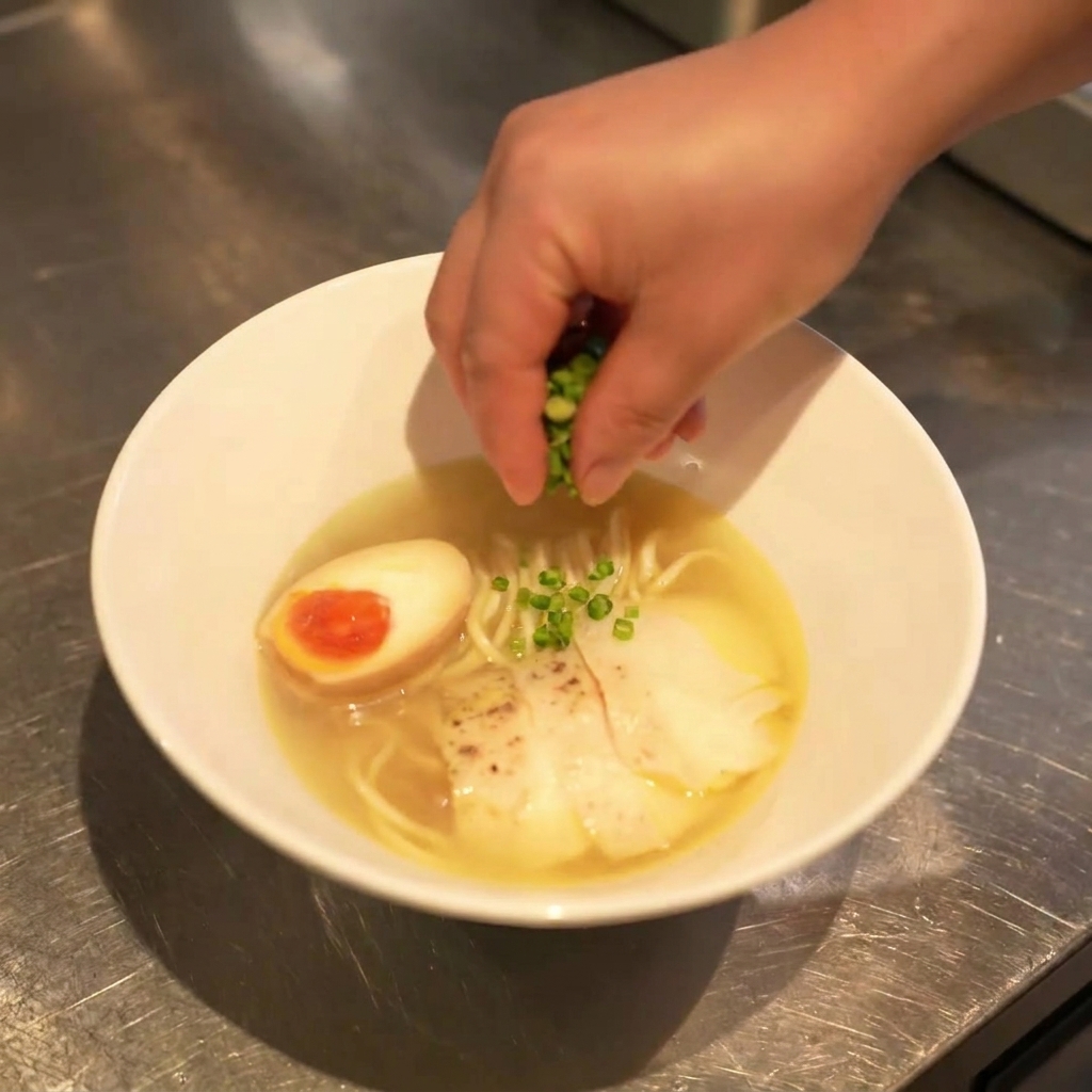A close-up shot of a hand sprinkling finely sliced green scallions onto a bowl of Chicken Shio Ramen, which already contains noodles, chicken chashu, and a soft-boiled egg.