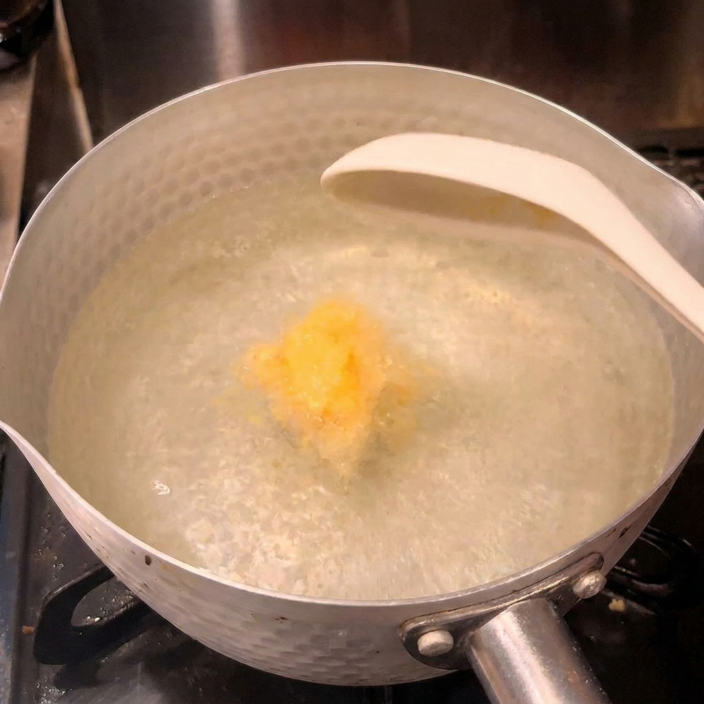 A spoonful of yellow chicken soup powder being added into a pot of boiling water to create a clear ramen soup.