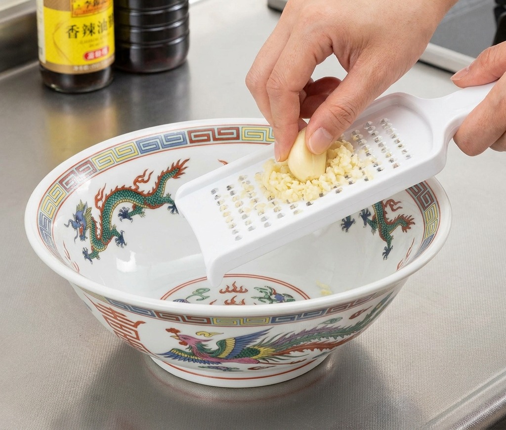 A hand grating a clove of garlic on a white grater held over a ceramic ramen bowl with dragon patterns.