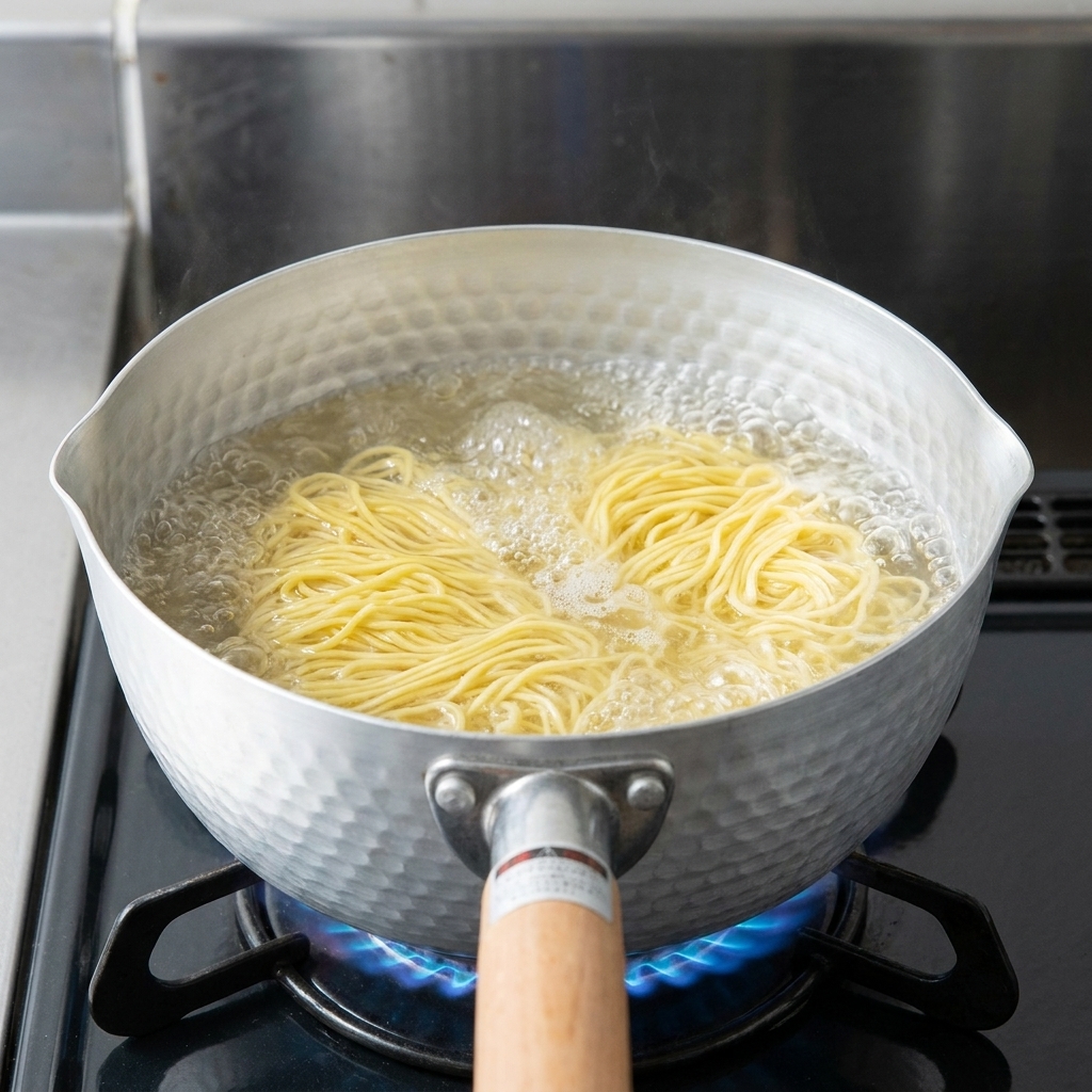 A bundle of thin yellow ramen noodles cooking in a pot of rapidly bubbling boiling water.