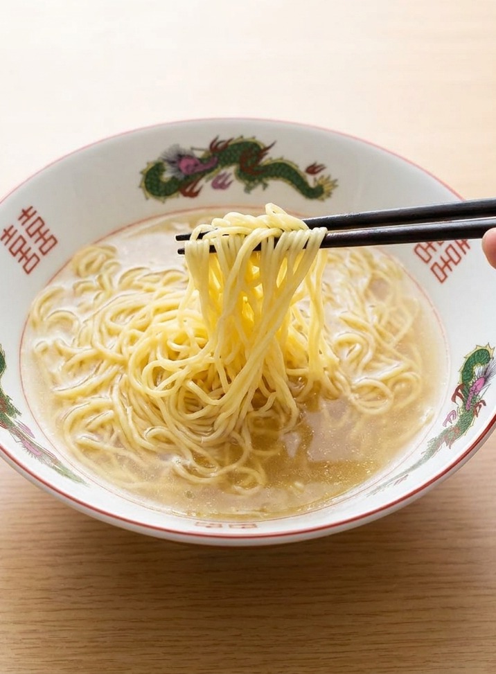 A close-up of cooked ramen noodles being carefully arranged with chopsticks in a bowl of hot, clear golden broth.
