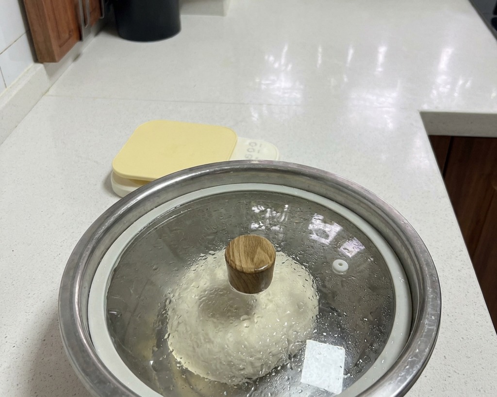 A stainless steel bowl containing dough, covered with a glass lid featuring a wooden handle, with visible condensation inside.