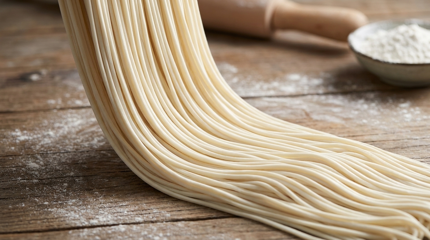A thick bundle of freshly pulled wheat noodles, showcasing a smooth, elastic texture and uniform ivory strands.
