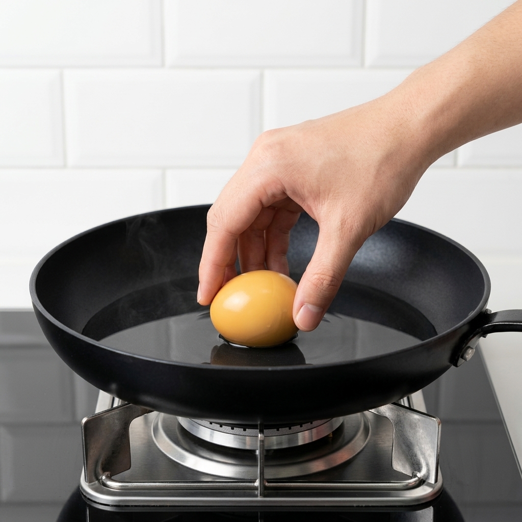 A hand carefully placing a brown egg into a shallow pan of warm water against a white tiled background.