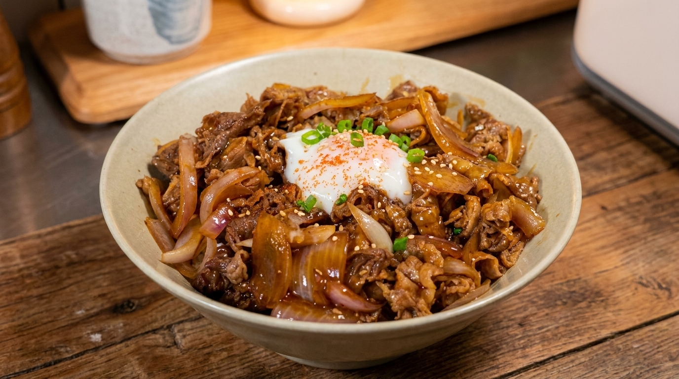 Japanese Gyudon (Teriyaki Beef Rice Bowl) with Onsen Egg