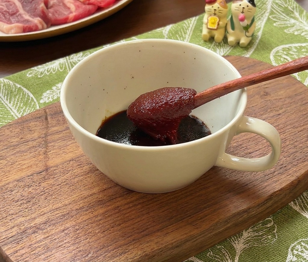 A wooden spoon holding a large dollop of thick red chili paste over a white ceramic bowl containing sauce ingredients.