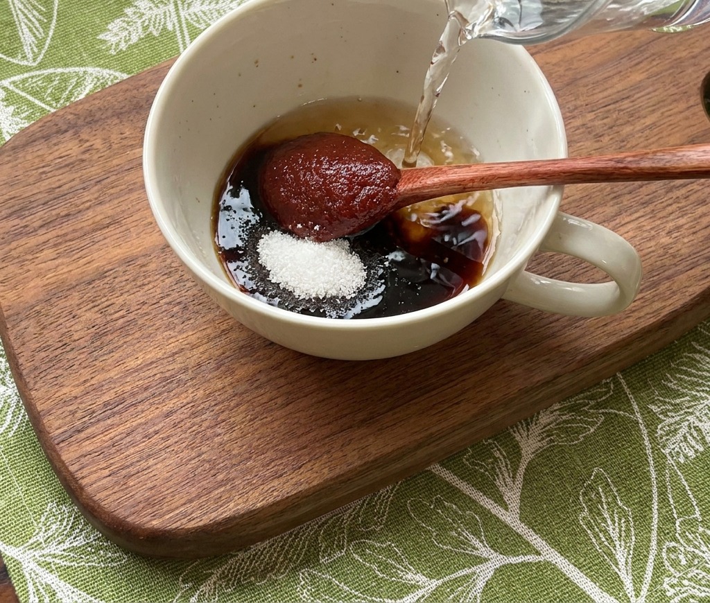 Clear water being poured from a glass pitcher into a white bowl filled with sauce ingredients including a visible scoop of red chili paste.