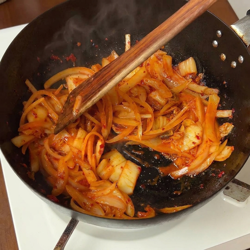 A wooden spoon stirring sliced onions and red kimchi in a hot pan.