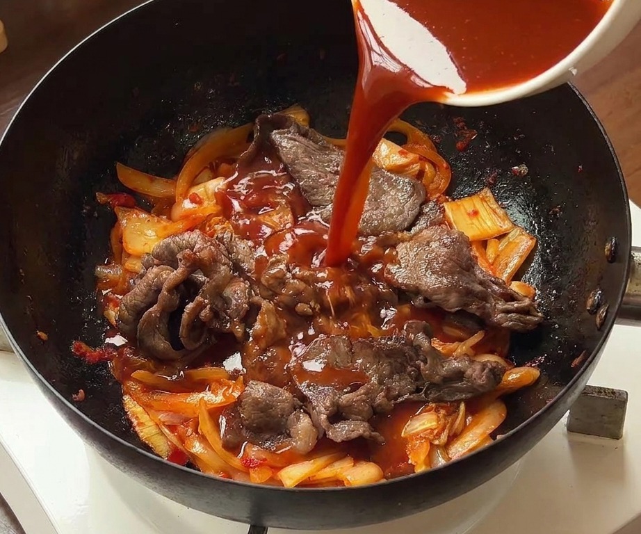 A person pouring a vibrant red chili sauce from a white bowl into a black wok containing stir-fried beef, onions, and kimchi.