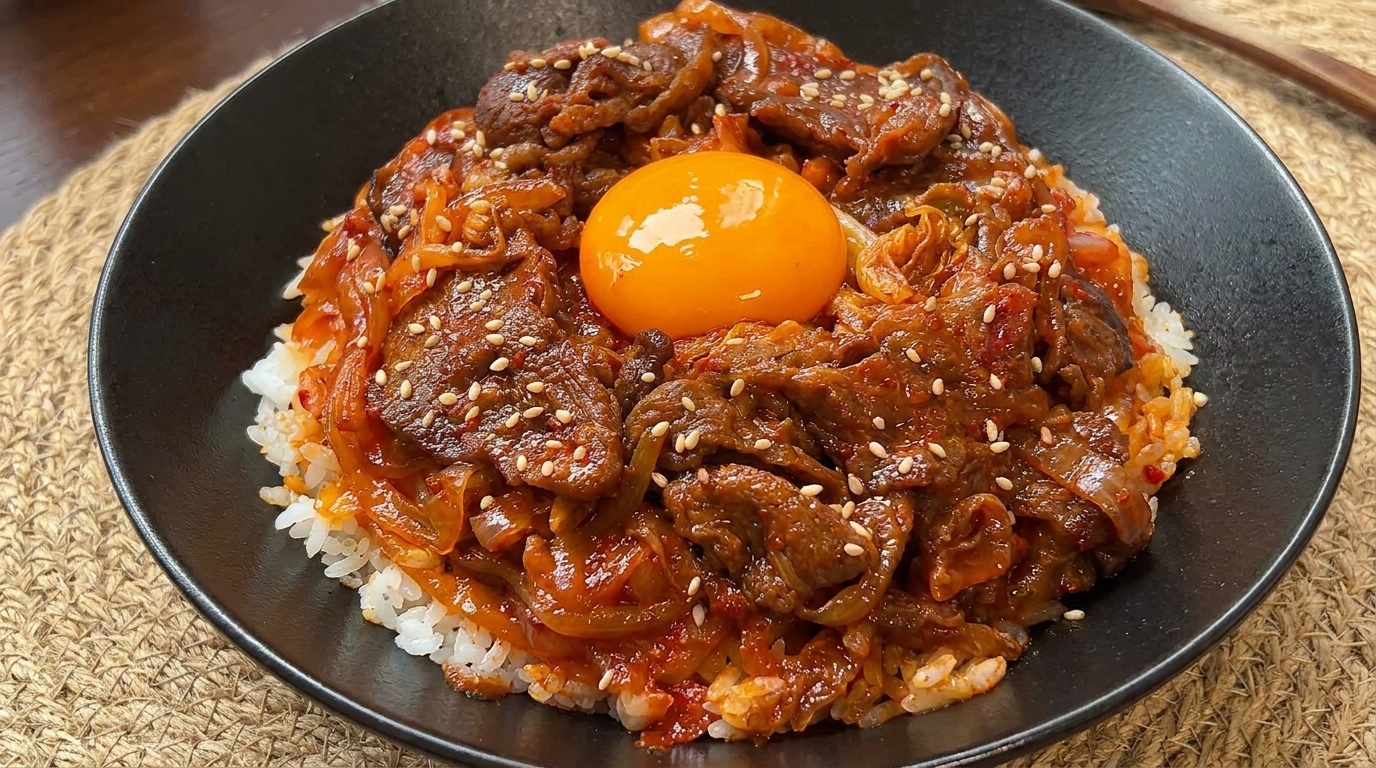 A bowl of caramelized kimchi beef over rice, garnished with toasted sesame seeds and a vibrant raw egg yolk.