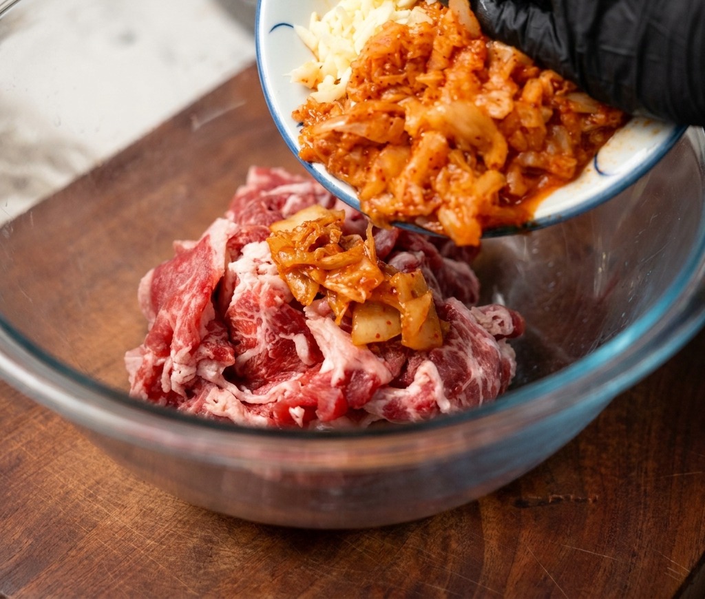 Chopped kimchi and minced garlic being poured from a small ceramic plate into a bowl containing raw, thinly sliced beef.