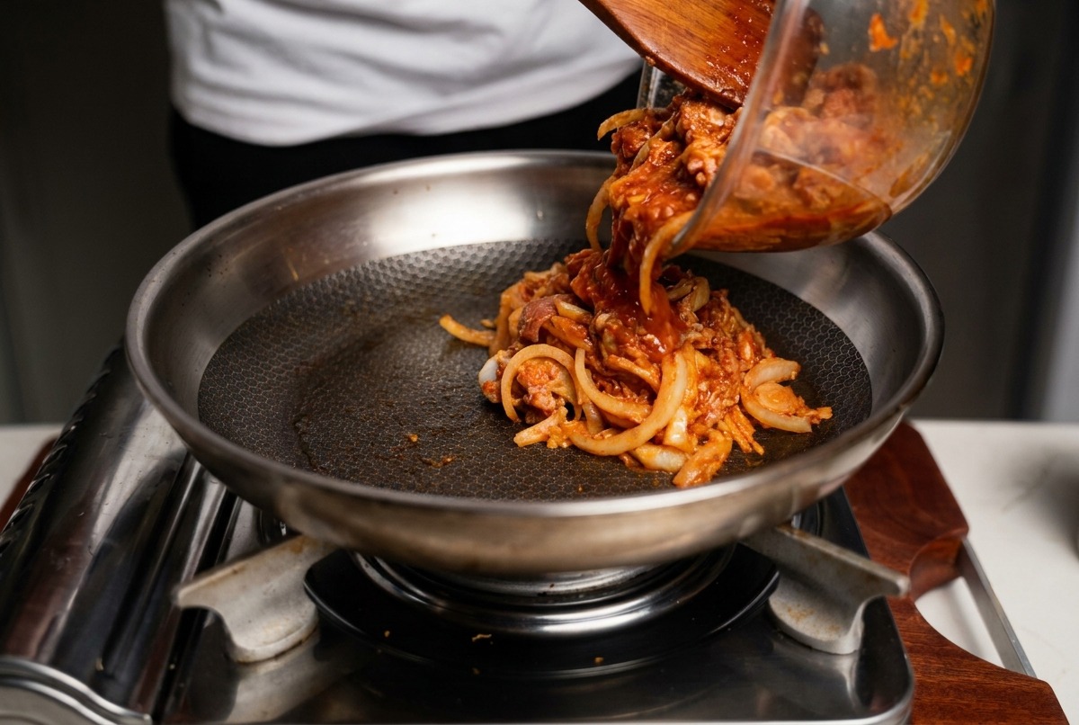 Marinated beef and sliced onions being poured from a glass bowl into a hot stainless steel frying pan.