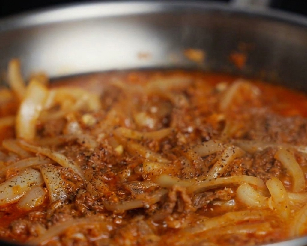 White sesame seeds being sprinkled over a simmering pan of beef, onions, and kimchi.