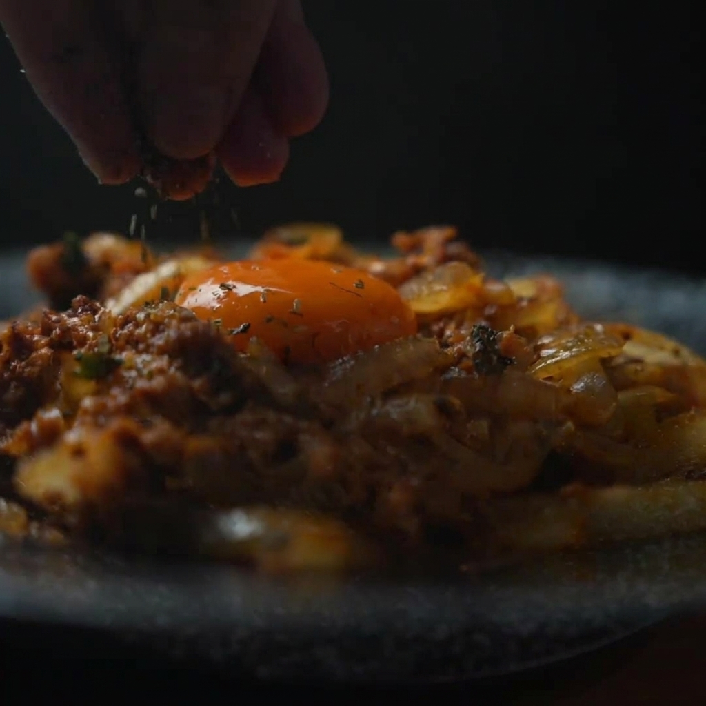 A close up shot focusing on a hand sprinkling dark shredded seaweed flakes onto a bright glossy raw egg yolk centered on a bed of stir fried beef and onions.