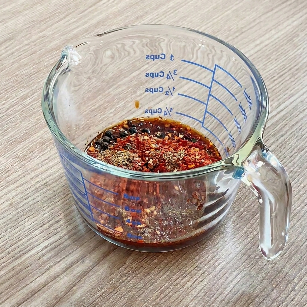 A glass measuring cup containing chili flakes, black pepper, soy sauce, and a dollop of Korean chili paste.