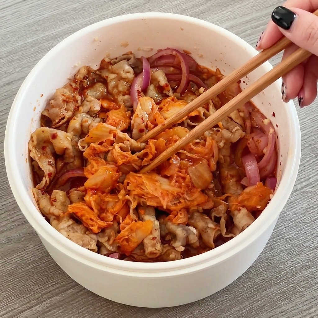 Chopsticks stirring together beef slices, red onions, and kimchi in a vibrant red sauce