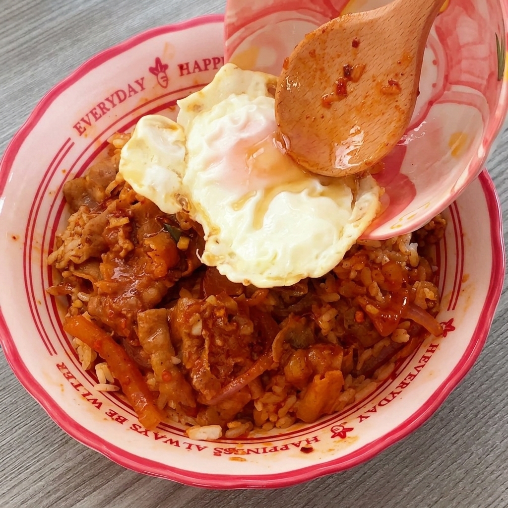 A wooden spoon carefully placing a sunny-side-up fried egg onto a bowl filled with rice and kimchi beef.