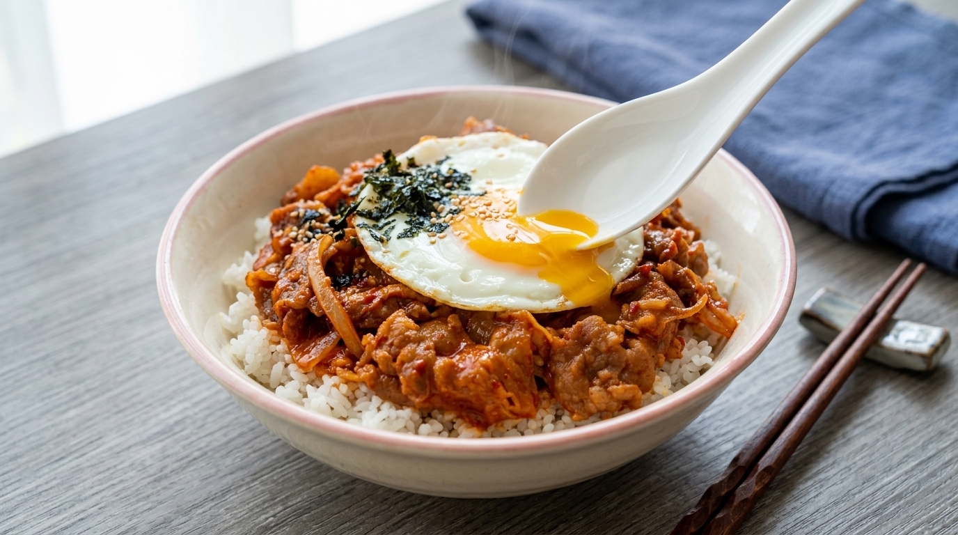 A bowl of Kimchi Beef Rice topped with a glistening sunny-side-up egg and roasted seaweed flakes.