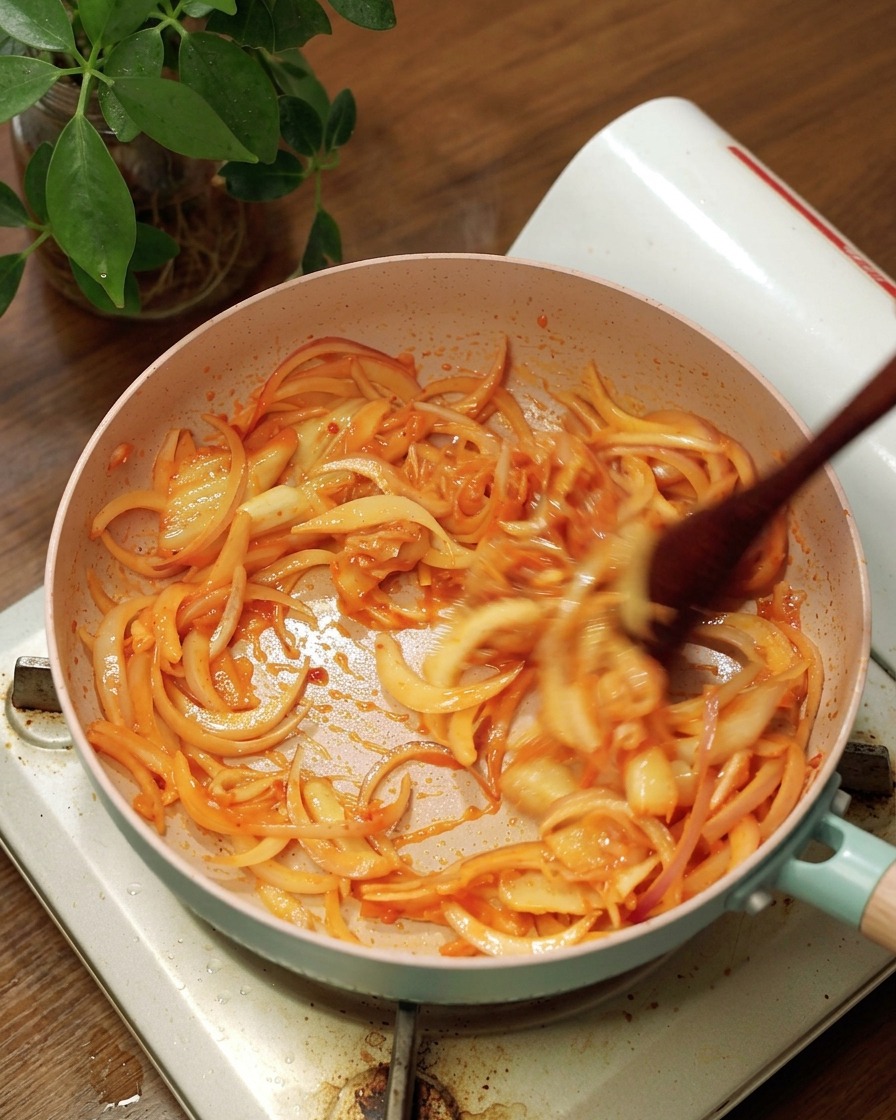 A wooden spatula stirring sliced onions and red kimchi in a pan