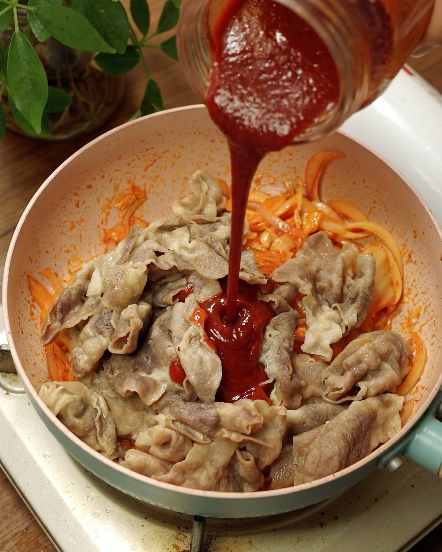 Thick red Korean chili paste being poured over cooked beef, onions, and kimchi in a pan.