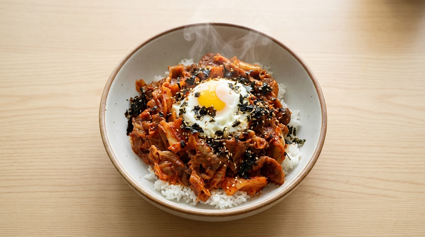 Spicy Kimchi Beef Rice Bowl