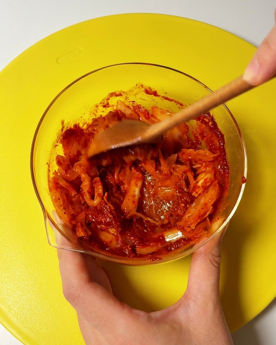 A wooden spoon stirring a mixture of chopped kimchi and red Korean chili paste inside a clear glass bowl.