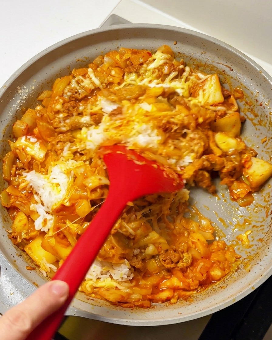 A red spatula breaking up a mound of white rice and mixing it into a spicy red beef and cheese stir-fry in a pan.