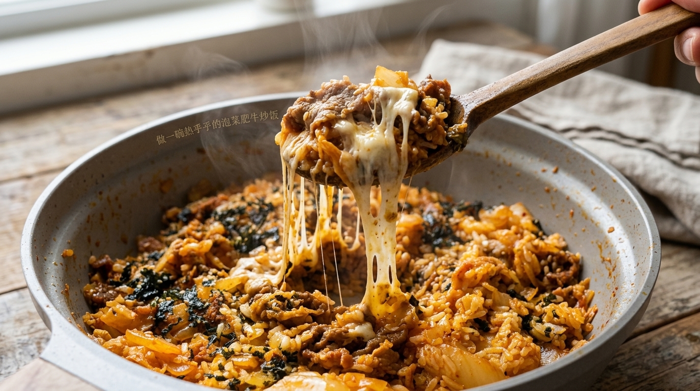 Kimchi Beef Fried Rice with Melted Cheese Pull