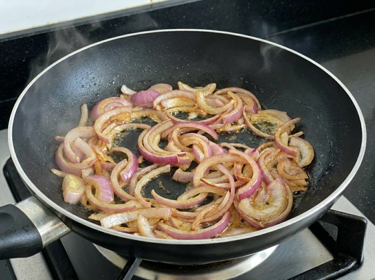 Thinly sliced red onions sizzling in a black pan, starting to soften and brown slightly around the edges.