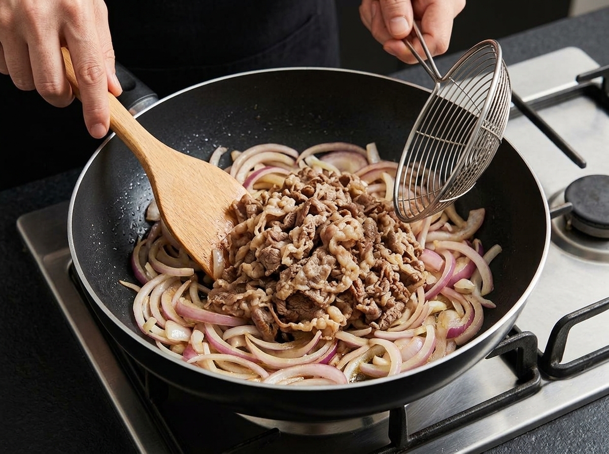 A pile of blanched, thinly sliced beef being added to a pan of sautéed onions using a wire strainer.