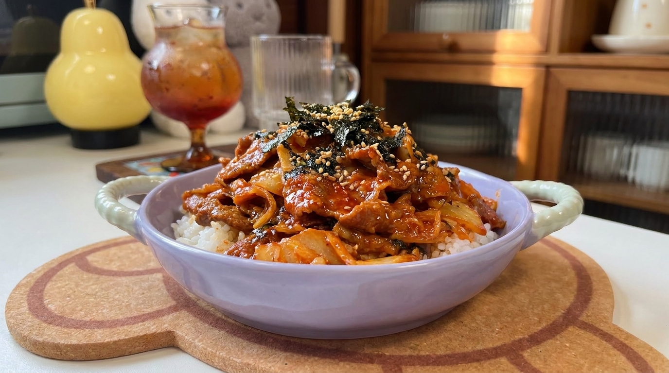 Kimchi Fatty Beef Rice Bowl (Kimchi Deopbap)
