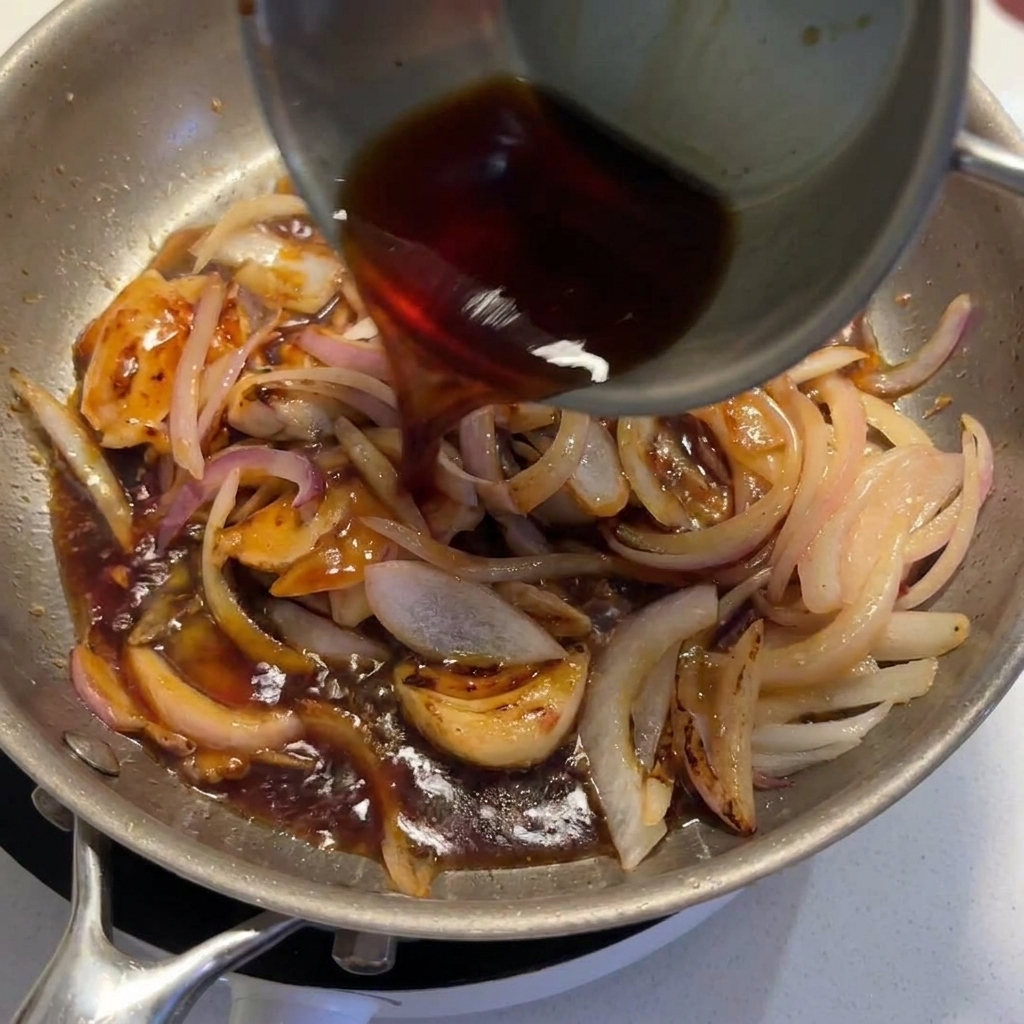 A dark, savory sauce being poured from a metal pitcher into a skillet containing pan-fried chicken chunks and sliced onions.