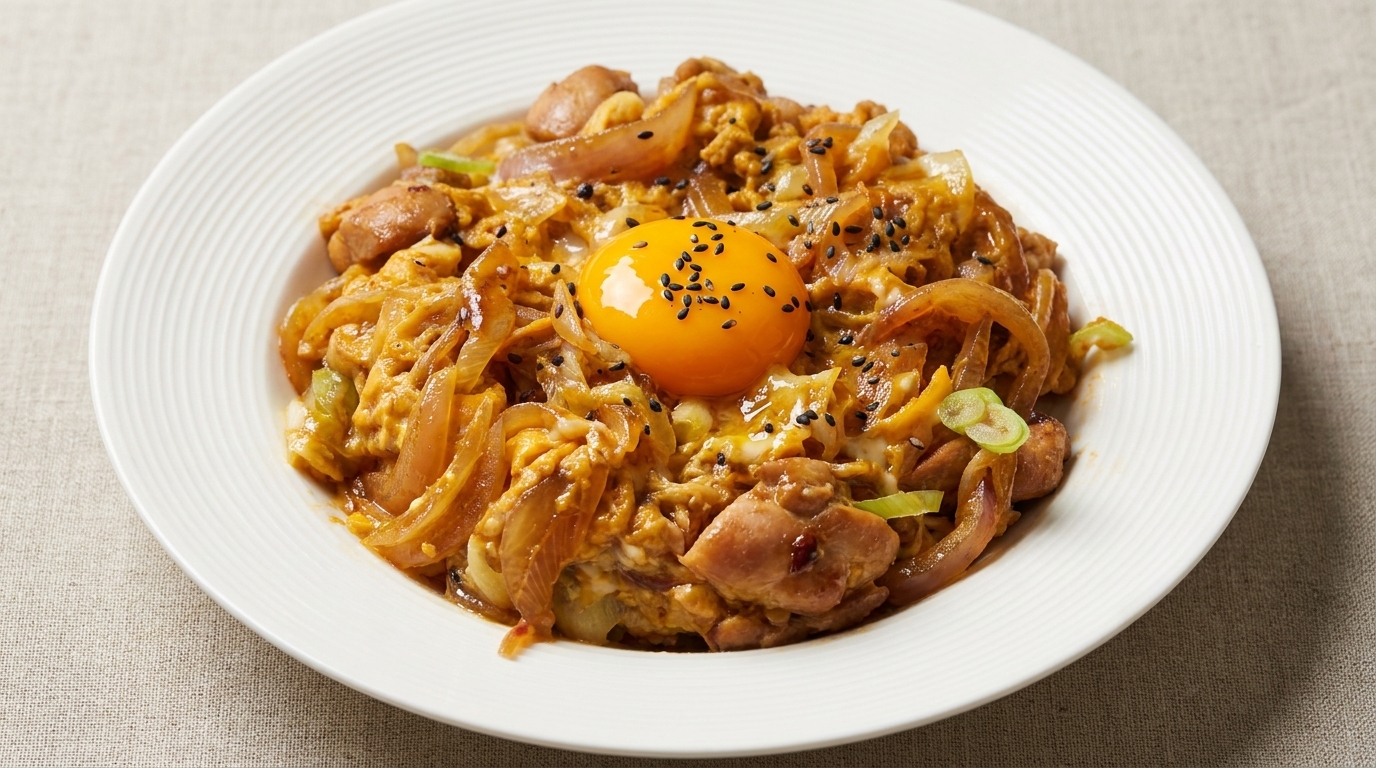 A traditional Oyakodon bowl topped with a rich egg yolk, green leeks, and black sesame seeds.