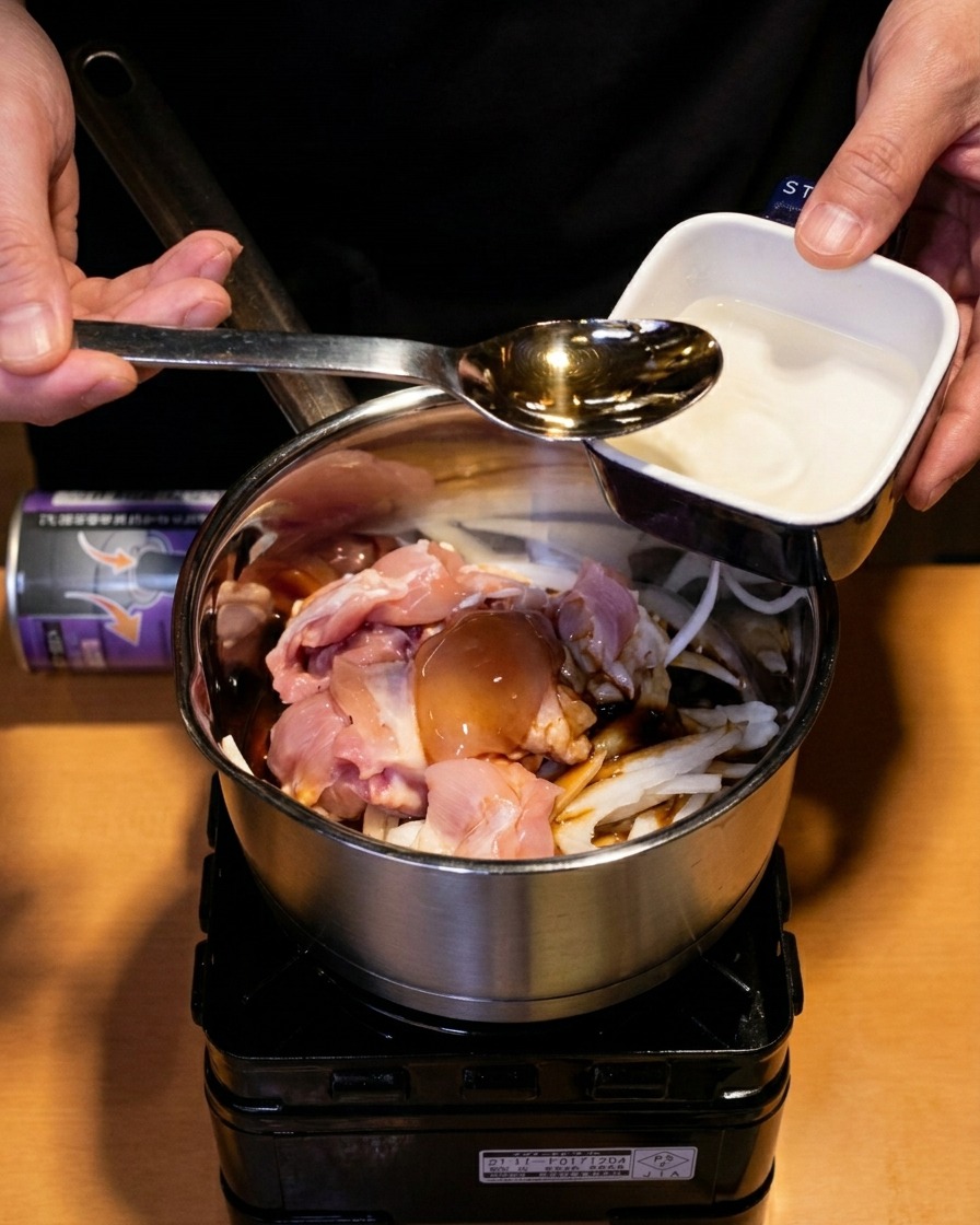 A spoonful of clear sake being poured into the stainless steel pot as a seasoning base.
