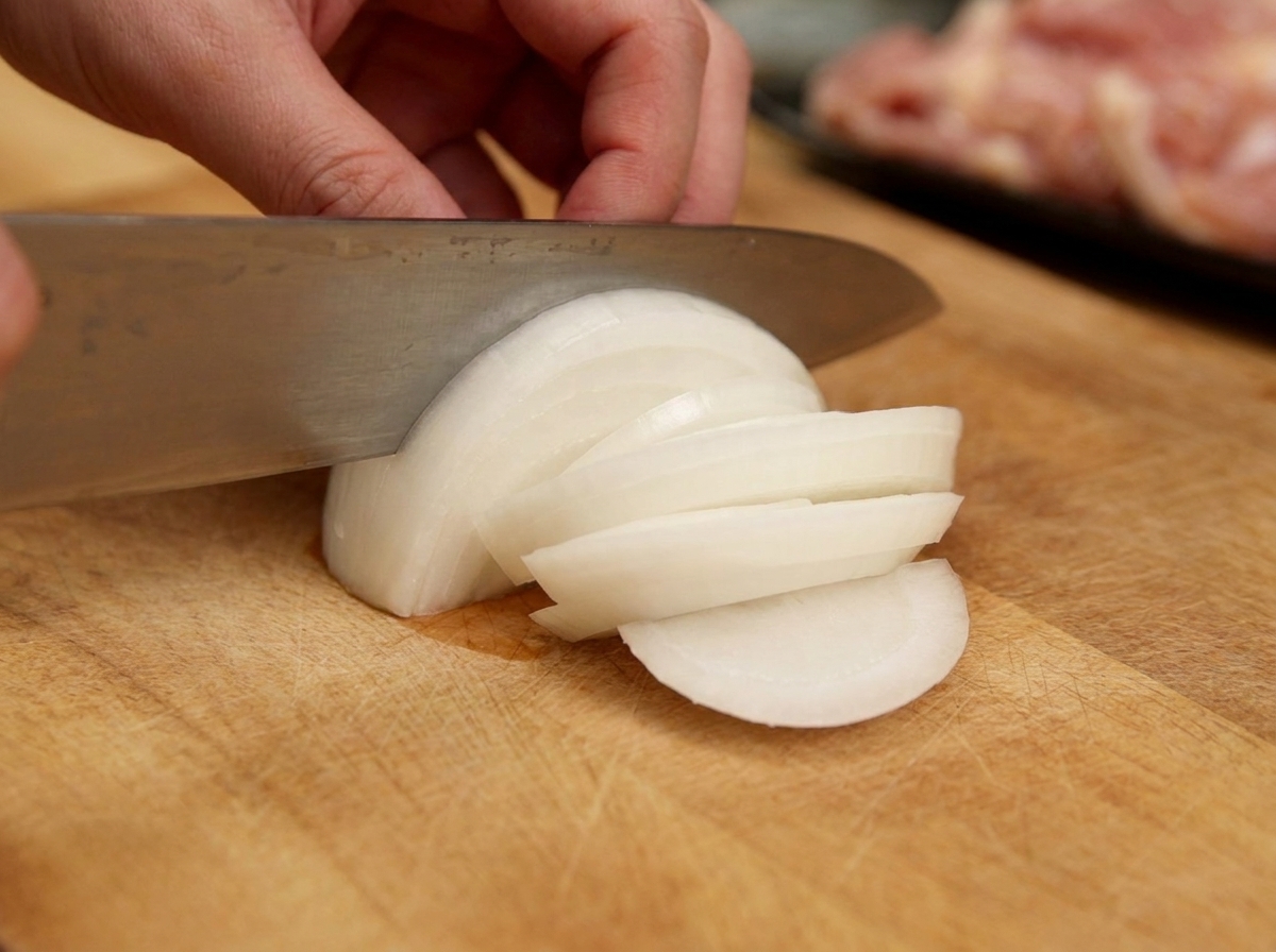 A person thinly slicing a white onion into uniform strips with a large knife on a wooden cutting board.