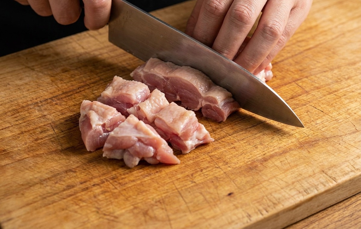 Cutting raw chicken thigh meat into small, bite-sized cubes on a wooden cutting board with a chefs knife.