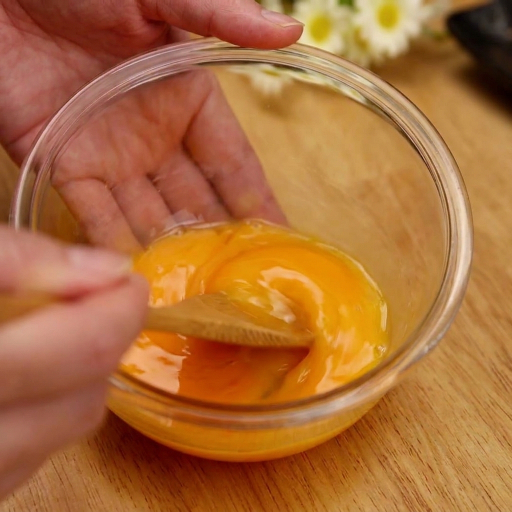 Whisking two yellow eggs in a clear glass bowl using wooden chopsticks until the whites and yolks are combined.