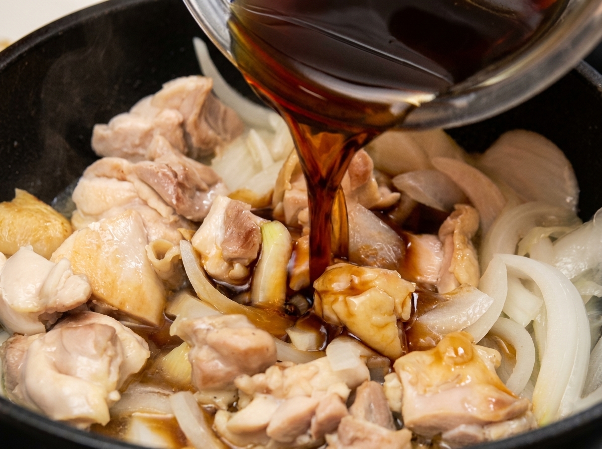 Pouring a dark soy-based simmering sauce from a bowl into a pan filled with chicken and onions.