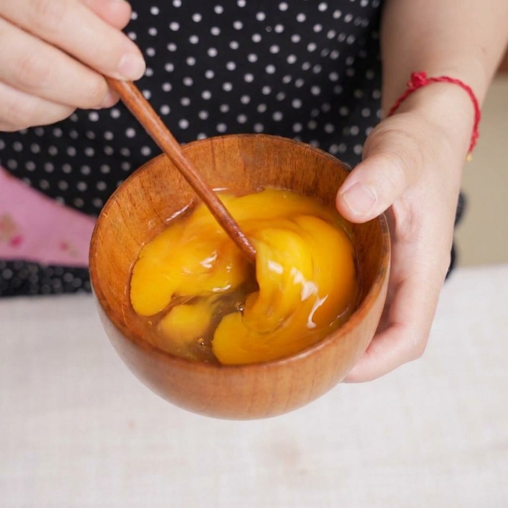 Hands using wooden chopsticks to lightly beat raw eggs in a small wooden bowl.