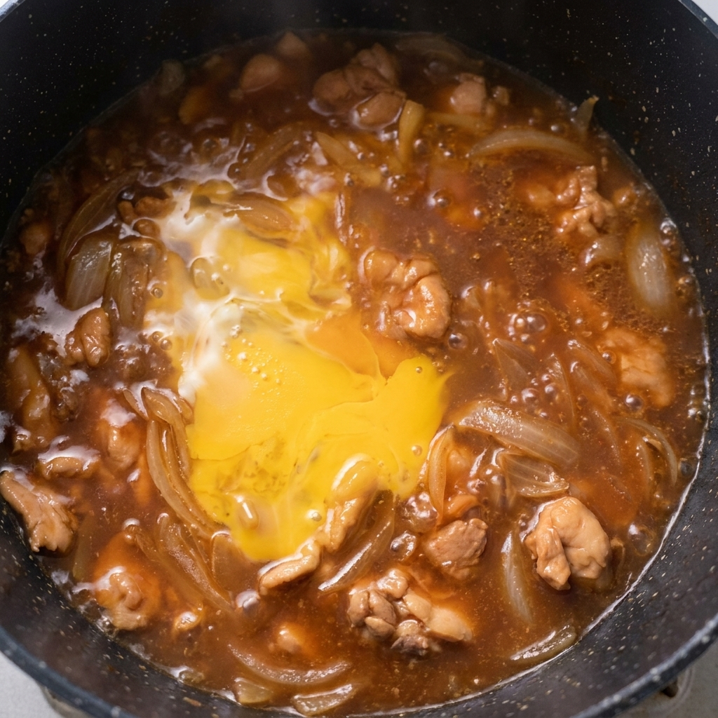 A partially cooked layer of beaten egg simmering with chicken and onions in a pan.