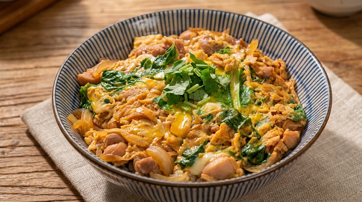 A glistening spoonful of Oyakodon featuring tender chicken, soft-cooked eggs, and fresh greens served over steamed rice.