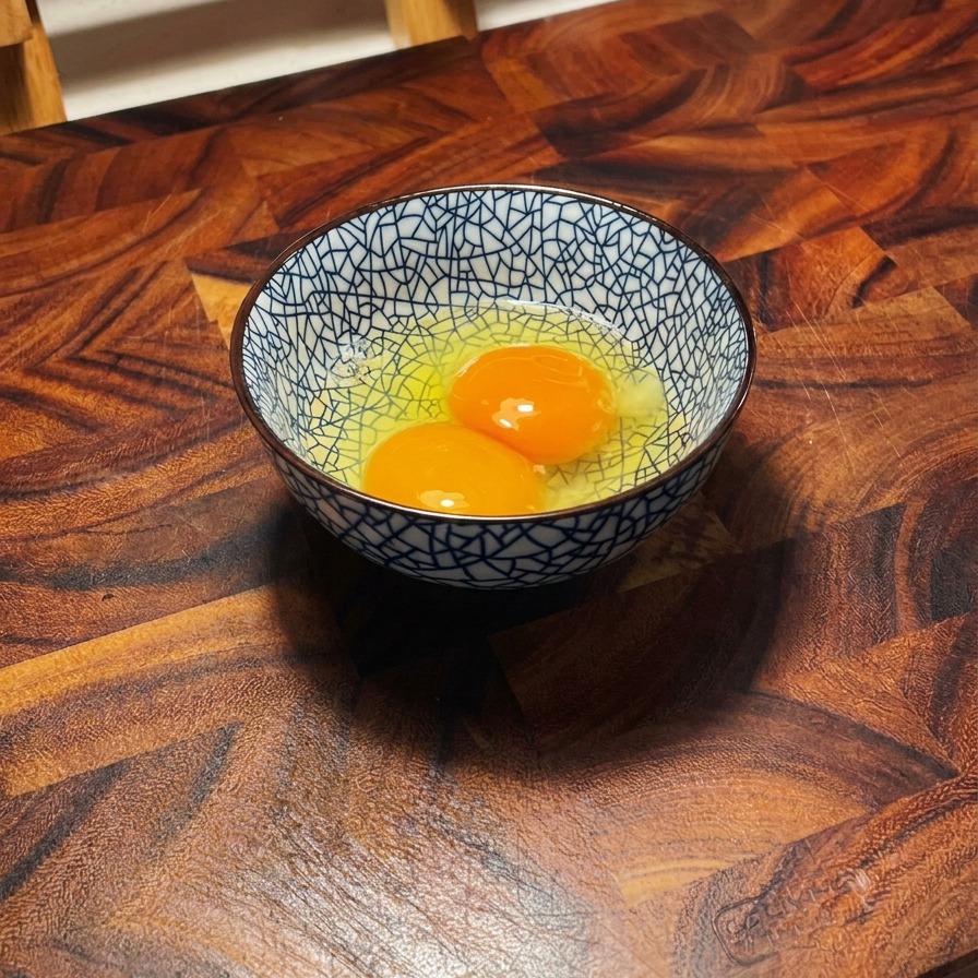 Two raw egg yolks sitting in a blue and white patterned ceramic bowl on a wooden surface.