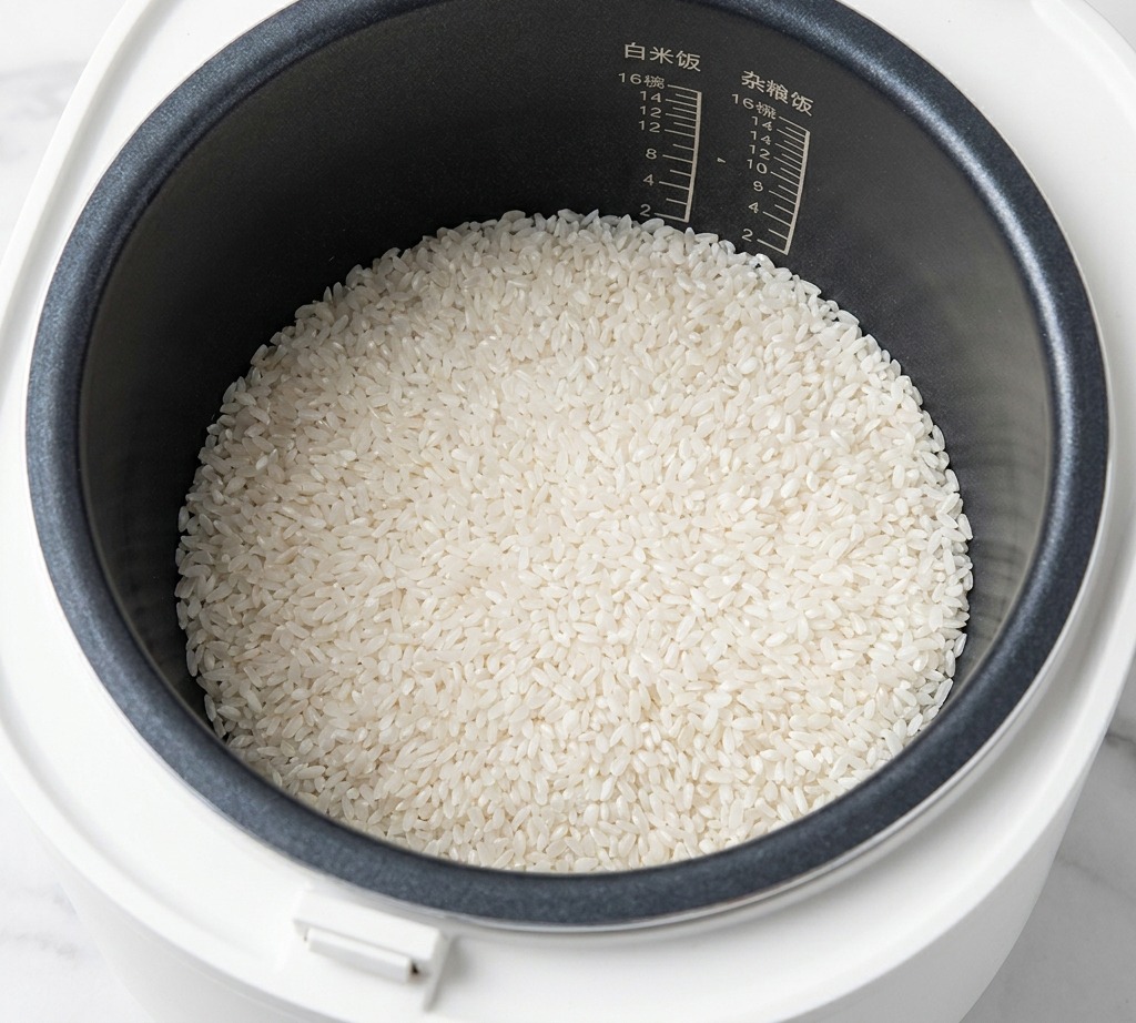 A hand pouring light soy sauce from a glass bottle into a rice cooker filled with white rice.