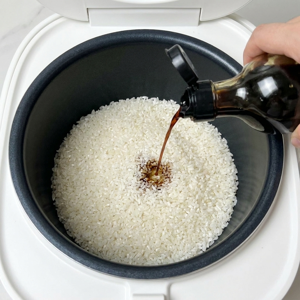Dark soy sauce being drizzled onto a bed of white rice in a black rice cooker inner pot.