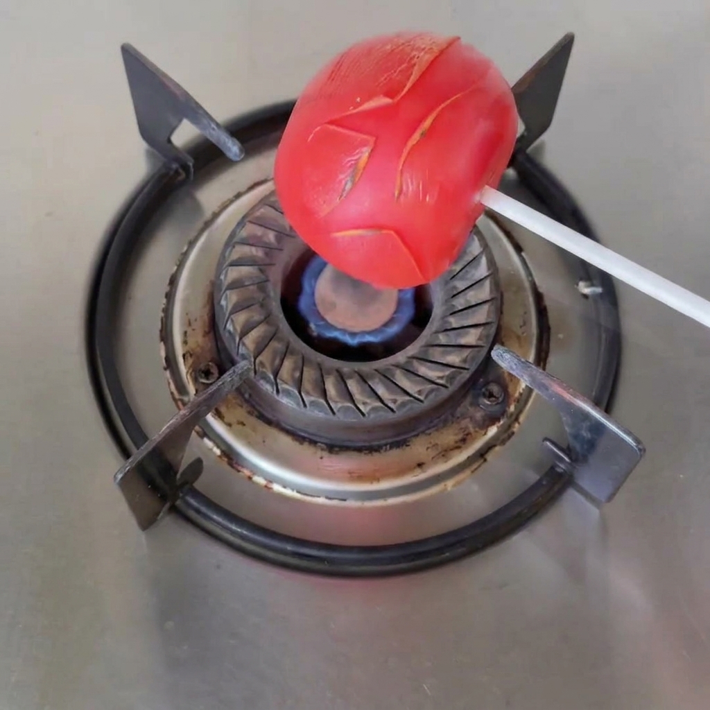 A whole red tomato on a white stick being held over the blue flame of a gas stove burner.
