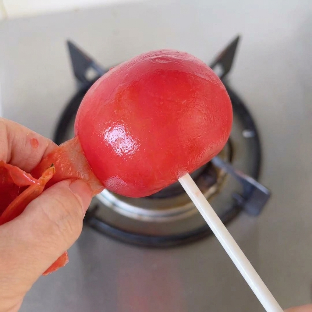 Hands peeling the thin, burnt skin off a soft, roasted red tomato over a stove.