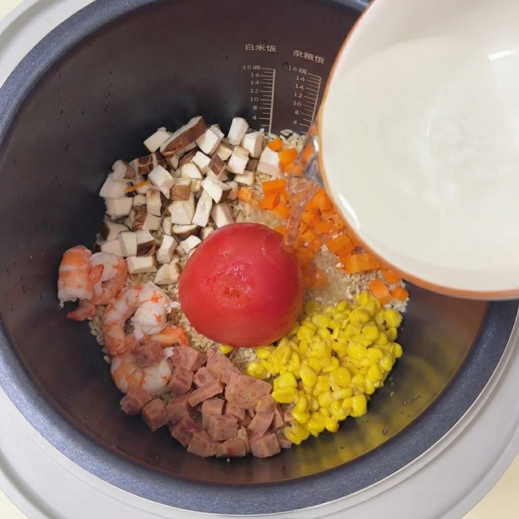 A bright red, peeled whole tomato sitting in the center of a rice cooker pot surrounded by colorful diced vegetables, meat, and prawns.