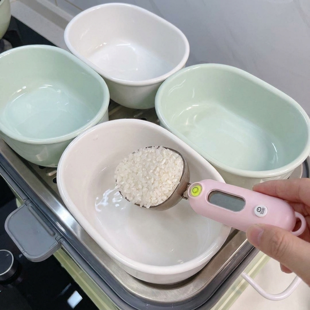 A pink digital measuring spoon pouring white rice grains into a small white oval ceramic bowl sitting in a steamer tray.