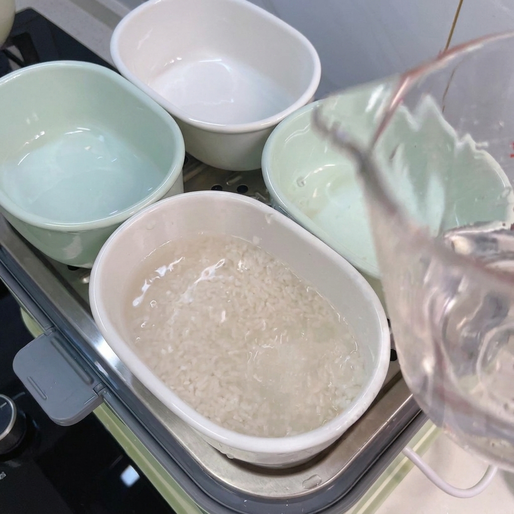 Water being poured from a glass measuring cup into a bowl containing white rice.